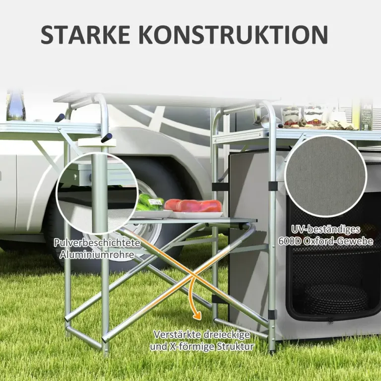 Hopfällbart Campingkök med 3 Bänkskivor i Aluminium, Grå