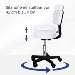 Ergonomisk Rullpall med Ryggstöd Justerbar Snurrpall Bekväm Sits Konstläder för Klinik eller Kontor Vit 35 X 72-84 Cm