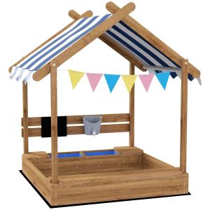 Sandlåda Lekstuga Brun av Trä för Barn 3-7 År Sandlåda med Tak Sits och Bräda Trädgårdslek 124 x 116 x 146 cm
