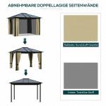 Hardtop Lusthus Paviljong Brun Beige Polyester och Aluminium med 4 Sidopaneler Flugnät och Genomskinligt PC-Tak 3,6 X 3 X 2,6 M