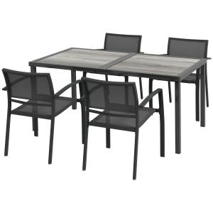 Trädgårdsmöbler Sittgrupp Mörkgrå av Mesh och Metall för Uteplats 5 Delar med Matbord och 4 Stapelbara Stolar Bekväm
