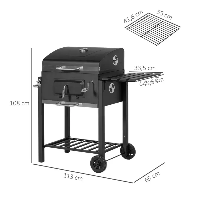 Grillvagn Kolgrill Svart av Rostfritt 113 x 65 x 108 cm