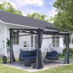 Pergola med Soltak, Modern Trädgårdspaviljong med Sidoväggar, Vattenavvisande Takduk i Polyester, Mörkgrå, 2,97 x 2,95 m
