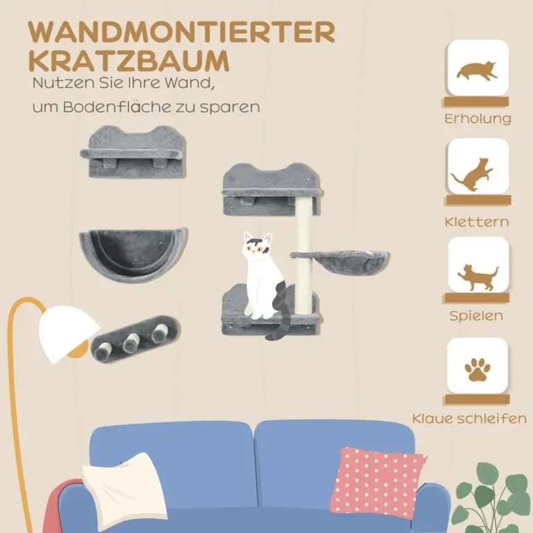 Kattklättervägg med Hängmatta och Klösbräda, Grå