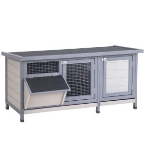 Kaninbur Hållbar Grå Svart Trä Metall för Utomhusbruk med Bitumentak och Två Dörrar för Kaniner och Marsvin 112 x 50 x 54 cm