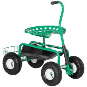 Trädgårdsvagn med Sits och Förvaring, Rullbar Arbetsstol för Trädgårdsskötsel, Skonar Rygg och Knän, Grön, 81 x 44,5 x 46-59 cm, 150 kg