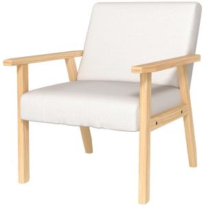 Fåtölj Relaxstol Krämvit av Tyg med Linnelook och Trä för Vardagsrum Stoppad Stol med Armstöd 64 x 70 x 72 cm