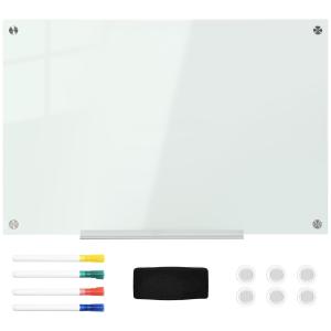 Whiteboard Magnettavla Vit av Glas och Metall för Väggmontering med 4 Pennor och 6 Magneter Staffli Glastavla 90 x 60 cm