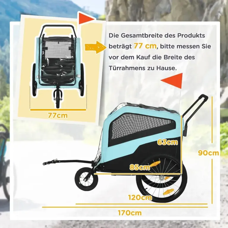 Cykelvagn för Hund 2-i-1, Max 30 kg, Ljusblå