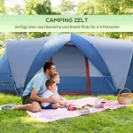 Campingtält Tunneltält Blå Vit av Polyester för 4 Personer med UV-skydd och Bärväska Vattentät 2000 mm Vattenpelare 2 Rum Rymlig Design
