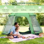 Kupoltält för 6 Personer, Rymligt Familjetält med Vattentätt Yttertält, Enkel Montering för Camping, Grön, 320 x 320 x 180 cm