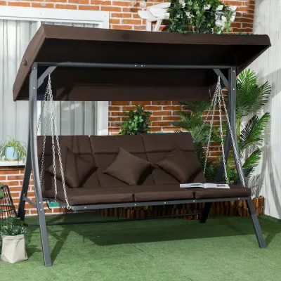 Hammock för Trädgård 3-Sits med Soltak, Brun och Svart