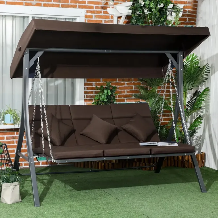 Hammock för Trädgård 3-Sits med Soltak, Brun och Svart