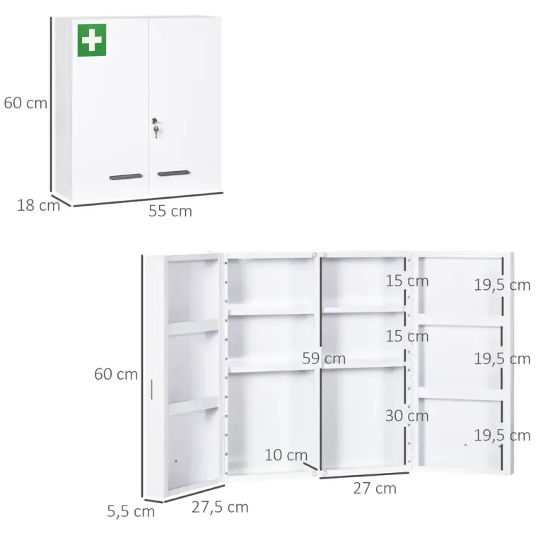 Medicinskåp 6 Invändiga Fack Låsbart 55 x 18 x 60 cm, Vit