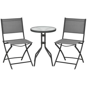 Bistroset i Metall 3 Delar, Kompakt Balkonggrupp med Bord och Två Stolar, Hopfällbar Utemöbel, Grå