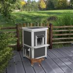Katthus Kattgrotta Grå Vit av Trä för Utomhusbruk 2-Vånings Väderbeständigt Hus med Tak och Balkong 60 x 60 x 81,5 cm