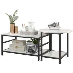 Soffbord Sidobord Marmorlook av Stål för Vardagsrum och Sovrum Set med 2 Bord i Modern Design