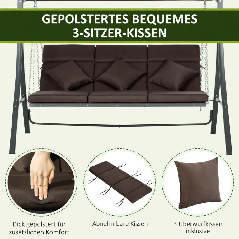 Hammock för Trädgård 3-Sits med Soltak, Brun och Svart
