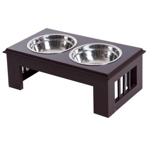 Hundskål Set 2 Foderskålar Rostfritt Stål Upphöjd Kattskål MDF Lättskött Kaffe 44 X 24 X 15 Cm