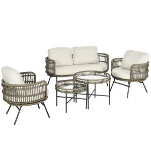 Loungegrupp i Konstrotting 5 Delar, Modulär Utemöbel med Soffa och Fåtöljer, Inkluderar Dynor i Boho-Stil, Brun/Aluminium