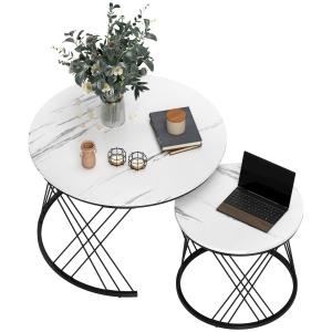 Set med 2 Soffbord i Marmoreffekt, Spånskiva och Metall för Vardagsrum, Nesting, Vit
