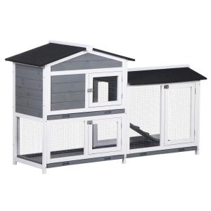 Kaninbur Hållbar Grå Trä för Smådjur i Trädgården med Utegård och Ramp samt Två Våningar Stabil och Väderbeständig Modell 157,4 x 53 x 93,5 cm