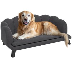 Lyxig Hundsoffa med Träben, Elegant Hundbädd med Ryggstöd, Bekväm Sovplats för Medelstora Hundar, Mörkgrå, 98,5 x 60,5 x 35,5 cm