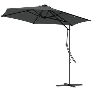 Fribärande Paraply Solskydd Mörkgrå av Polyester och Metall för Trädgård med LED Belysning och Handvev Inklusive Korsfot 290 x 260 cm
