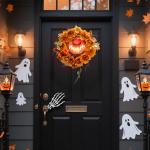 Halloweenkrans med Grusel Pumpadesign och Höstlöv samt Ljuseffekter för Dekoration Hållbar och Prisvärd Flerfärgad Plast och Tyg