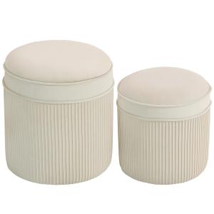 Förvaringspall 2-pack Rund Gräddvit Sammet för Vardagsrum Sittpuff med Lock och Förvaring Elegant Fotpall med Gulddetalj 36x36x41,5 cm