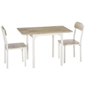 Matgrupp med Klaffbord 3 Delar, Kompakt Köksbord med 2 Stolar, Platsbesparande Lösning för Litet Kök, Natur/Vit, 120 x 60 x 75 cm