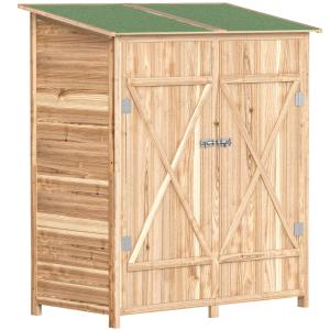 Redskapskjul Trädgård med Bord Naturfärgad Granträ för Utomhusbruk Förvaringsskåp för Verktyg med Hyllor och Vattentätt Tak 140x75x157 cm