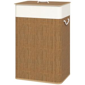 Bambu Tvättkorg med Lock, 72 L med Bambuhandtag och Avtagbar Tvättpåse, Brun