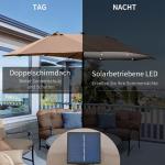 Dubbelt Parasoll med LED-Belysning, Stort Solskydd med Vev och Solcellslampor, Ovalt Uteplatsparasoll med Metallram, Khaki, 440 x 260 cm