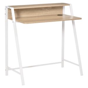 Modernt Skrivbord med Förvaring, Snyggt Datorbord med Hylla och Kabelgenomföring, Metallram för Hemmakontor, Vit/Ek, 84 x 45 x 85 cm