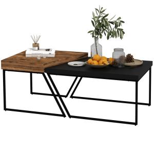 Soffbordsset med 2 Sidobord, Industriell Design, Stålstomme, Trä/Svart