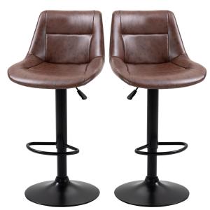 Barstolar Bänkpallar Set om 2 Brun av Konstläder och Metall för Kök och Bar Höj och Sänkbara Svängbara med Ryggstöd 44 x 49 x 90-110 cm