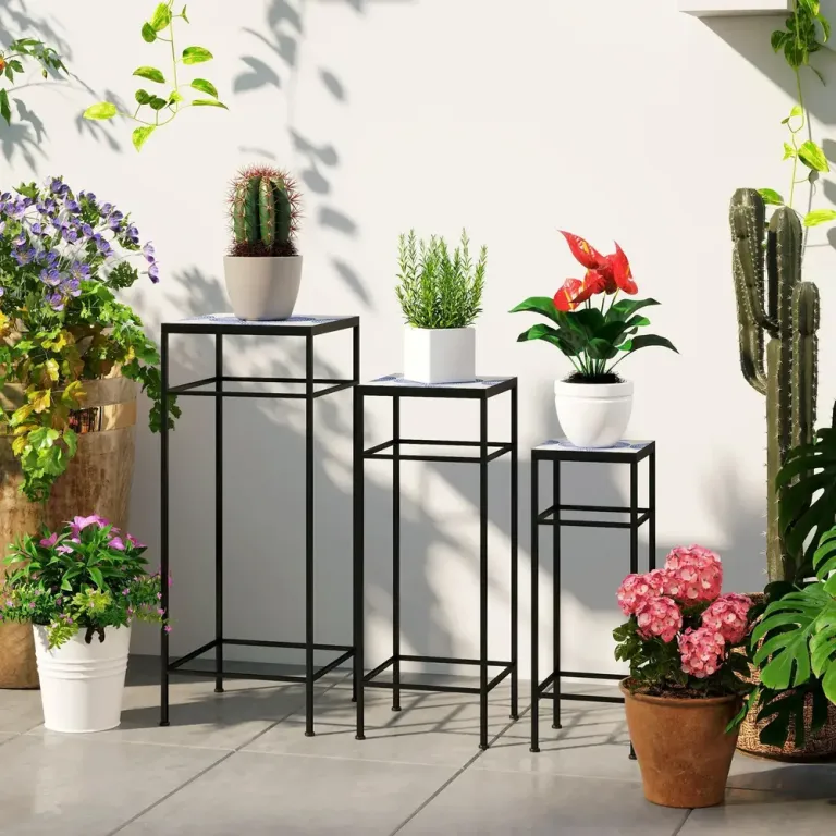 Växtställ Blomsterställ Set 3 Blå Vit av Metall 71 cm