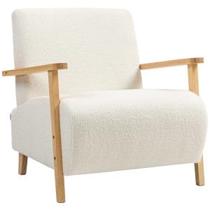 Stoppad Loungestol med Sherpa-look, Träben, Ryggstöd och Armstöd, upp till 120 kg, Krämvit