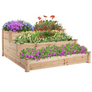 Blomtrappa i 3 Våningar, Upphöjd Odlingsbänk i Granträ, Dekorativ Växtstege för Balkong och Trädgård, Natur, 124 x 124 x 56 cm