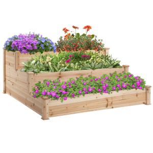 Blomtrappa i 3 Våningar, Upphöjd Odlingsbänk i Granträ, Dekorativ Växtstege för Balkong och Trädgård, Natur, 124 x 124 x 56 cm