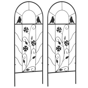 Trädgårdsspaljé Växtstöd Set om 2 Svart av Metall med Rostskydd för Trädgård och Balkong Klöverblad och Fågelmotiv Dekorativ 38 x 98 cm