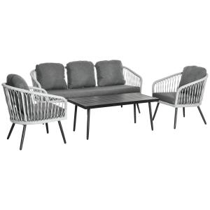 Loungegrupp i Konstrotting 5 Personer, Rymlig Hörnsoffa med Bord och Dynor, Väderbeständig Utemöbel för Terrass, Grå