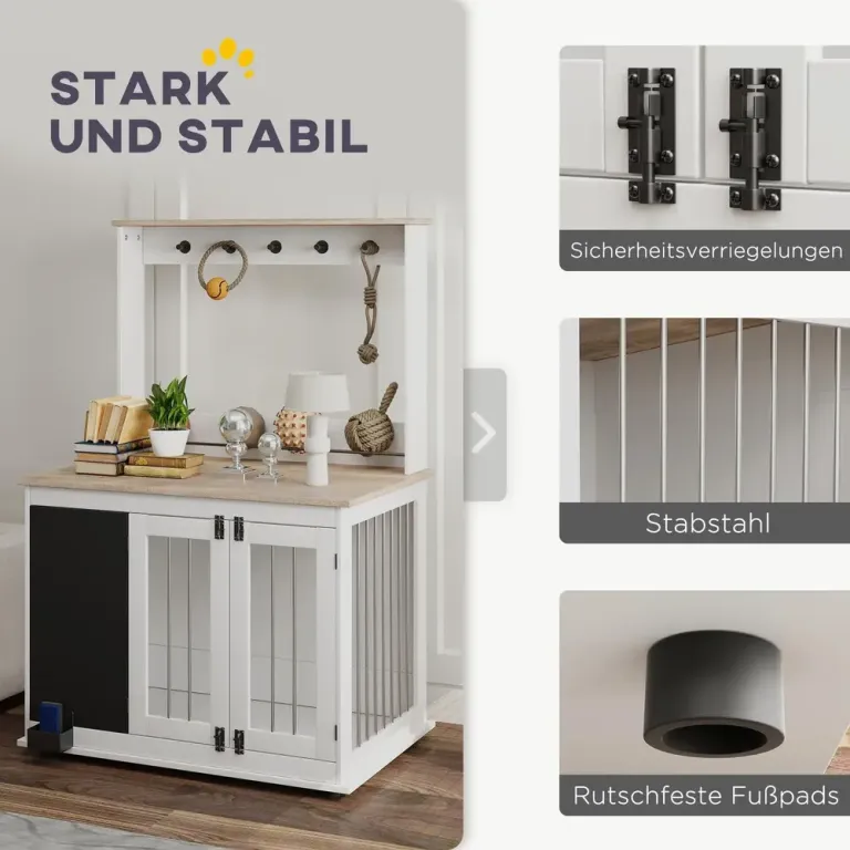 Hundbur Hundlåda Vit av Trä och Metall för Stora Hundar
