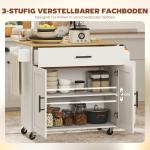 Köksö på Hjul med Fällbar Skiva Vit MDF och Gummiträ för Kök Mobil Serveringsvagn med Låda och Handdukshållare Praktisk Arbetsbänk 120 x 68 x 85 cm