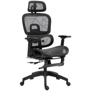 Kontorsstol Skrivbordsstol Ergonomisk Svart av Nät och Plast för Kontor Snurrstol med Liggfunktion och Fotstöd