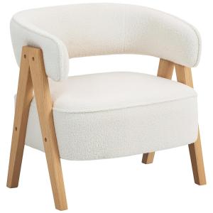Fåtölj Modern Vit Fleece och Trä för Vardagsrum Bekväm Loungestol med Metallram och Armstöd 67x115x91 cm