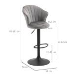 Barstolar i Sammet 2-Pack, Snurrbara Köksstolar med Ryggstöd, Justerbar Höjd och Bekväm Sits, Grå, 51,5 x 57,5 x 93-114,5 cm