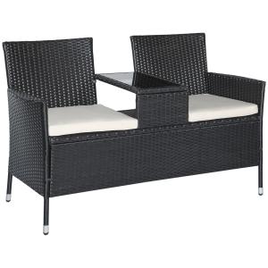 Trädgårdsbänk i Konstrotting med Bord, 2-Sitsig Soffa med Praktisk Avlastningsyta, Väderbeständig Design för Uteplats, Svart, 133 x 63 x 84 cm