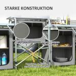 Campingkök Utekök Grå av Aluminium och Oxford Tyg för Trädgård Fällbart med Vindskydd och 3 Skåp Bänkskivor